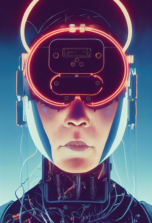 Portrait of a man wearing a cyberpunk headset, neon virtual glasses, and cyberpunk gear. A high-tech futuristic man from the future. The concept of virtual reality and cyberpunk. 3D rendering.の写真素材