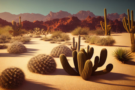 An arid landscape of the hot Sahara Desert. Cacti and sand with dunes. Sunset over sand dunes in a desolate desert. 3D renderの写真素材