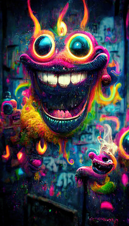 Abstract magical funny cartoon monster. Lots of colored paint, ink, funny monster and rainbow colors. Colorful wonderful surrealism of dreams. The concept of dreams and illusions.の写真素材
