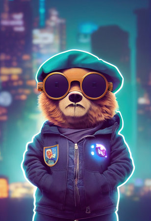 Teddy bear in fancy sunglasses against the backdrop of a modern city. Teddy bear in a jacket and cap. 3d renderingの写真素材