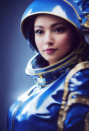 A fictional person, not based on a real person. Portrait of an fictional astronaut in a spacesuit. High-tech astronaut from the future. The concept of space travel. 3D renderingの素材