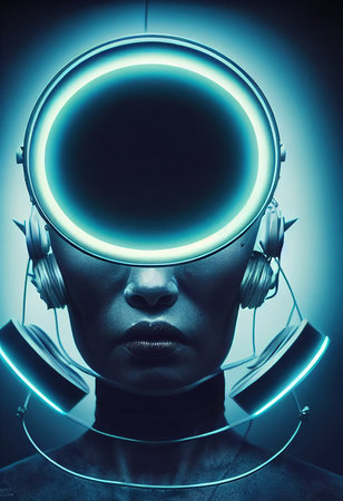 Portrait of an fictional astronaut in neon light in a spacesuit. High-tech astronaut from the future. The concept of space travel. 3D renderingの素材