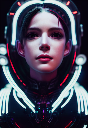Fictional portrait of a sci-fi cyberpunk girl. High-tech futuristic woman from the future. The concept of virtual reality and cyberpunk. 3D render.の素材