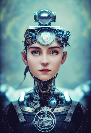 Portrait of a futuristic female robot. An artistic abstract steampunk fantasy. Concept of a modern robot. 3d renderingの素材