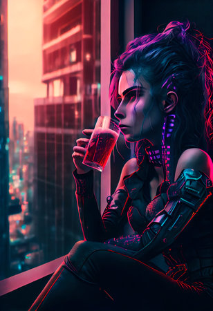 Portrait of a sci-fi cyberpunk girl. High-tech futuristic woman from the future. The concept of virtual reality and cyberpunk. Generative AI Art.の素材
