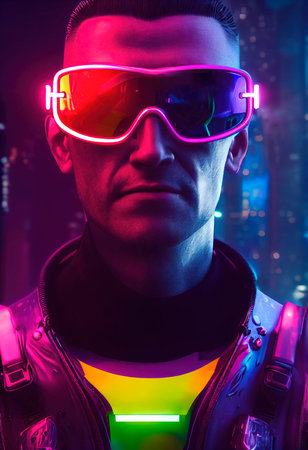 A fictional person, not based on a real person. Portrait of a sci-fi cyberpunk man. High-tech futuristic man from the future. The concept of virtual reality and cyberpunk. 3D render.の素材
