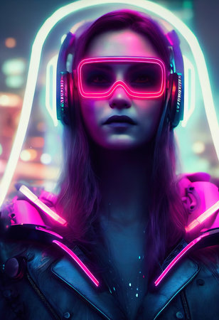 Realistic portrait of a sci-fi cyberpunk girl. High-tech futuristic woman from the future. The concept of virtual reality and cyberpunk. 3D render.の素材