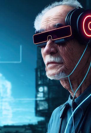 Fictional portrait of a grandfather in a futuristic cyberpunk style with a cyber headset. A high-tech man from the future. The concept of virtual reality and cyberpunk. 3D renderの素材