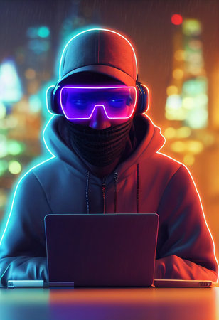 Portrait of a hacker wearing a cyberpunk headset, neon virtual glasses, and cyberpunk gear. A high-tech futuristic man from the future. The concept of virtual reality and cyberpunk. 3D rendering.の素材