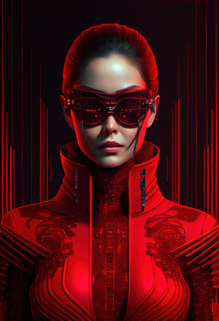 Portrait of a sci-fi cyberpunk girl. High-tech futuristic woman from the future. The concept of virtual reality and cyberpunk. Generative AI.の素材