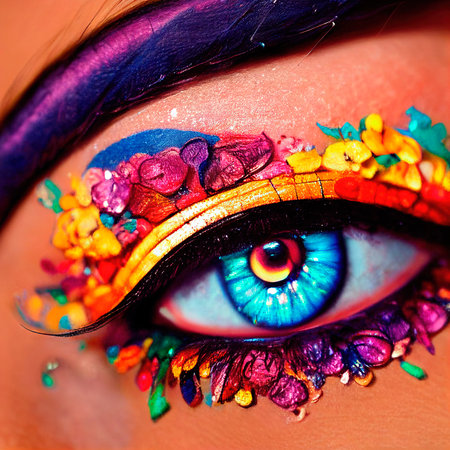 Fantasy eye with beautiful makeup close-up. The eye of a fashionable woman with bright colors. 3D rendering.の素材