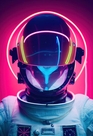 Portrait of an fictional astronaut in neon light in a spacesuit. High-tech astronaut from the future. The concept of space travel. 3D renderingの素材