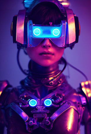 Realistic portrait of a sci-fi neon cyberpunk girl in a cyber suit. High-tech futuristic man from the future. The concept of virtual reality and cyberpunk. 3D render.の素材
