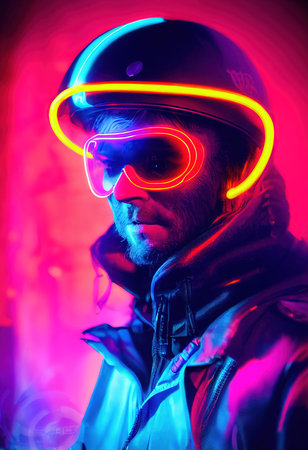 A realistic portrait of a man in neon light wearing a cyberpunk gear. A high-tech futuristic man from the future. The concept of virtual reality and cyberpunk. 3D renderingの素材