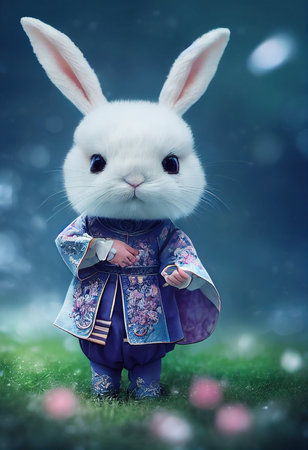Cute cartoon rabbit on green grass. Cute white rabbit on a fabulous background. 3D rendering.の素材