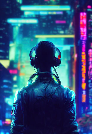 A realistic portrait of a man in neon light wearing a cyberpunk headset and cyberpunk gear. A high-tech futuristic man from the future. The concept of virtual reality and cyberpunk. 3D renderingの素材