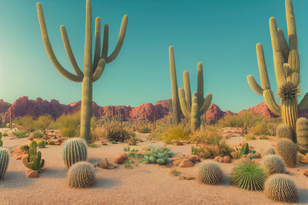 An arid landscape of the hot Sahara Desert. Cacti and sand with dunes. Sunset over sand dunes in a desolate desert. 3D renderの素材