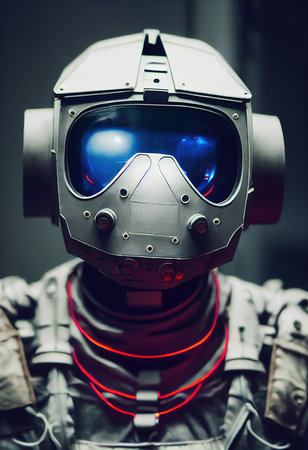 A fictional person, not based on a real person. Abstract portrait of a fantasy astronaut. High-tech futuristic man. Concept of virtual reality and steampunk. 3D rendering.の素材