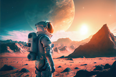 An astronaut on an alien planet. A high-tech astronaut from the future. The concept of space travel. Generative AIの素材