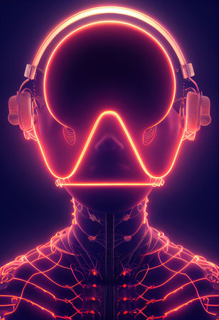 A fictional person, not based on a real person. Portrait of a futuristic robot. An artistic abstract cyberpunk fantasy. Concept of a modern robot. 3d renderingの素材