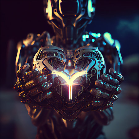 Portrait of a futuristic robot with a mechanical heart in his hands. An artistic abstract cyberpunk fantasy. The concept of the modern robot. Generative AI Artの素材