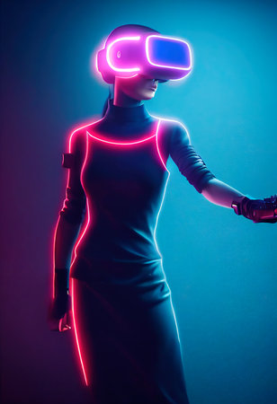 Fictional portrait of a sci-fi cyberpunk girl. High-tech futuristic woman from the future. The concept of virtual reality and cyberpunk. 3D render.の素材