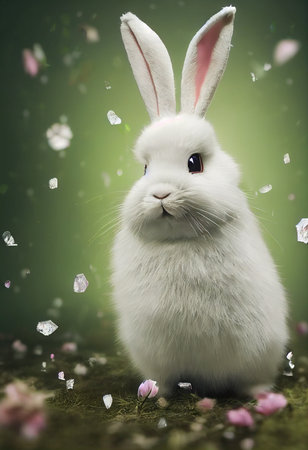 Cute cartoon rabbit on green grass. Cute white rabbit on a fabulous background. 3D rendering.の素材