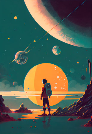 An astronaut on an alien planet. A high-tech astronaut from the future. The concept of space travel. Generative AIの素材
