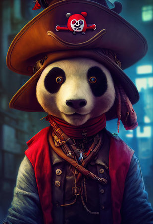 Portrait of a brutal panda pirate. Medieval pirate panda in a vintage costume against a isolated background. 3D rendering.の素材