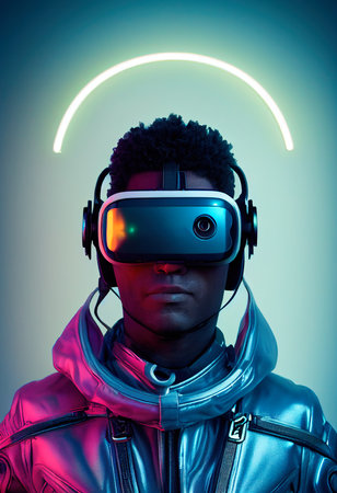 Portrait of a man wearing a cyberpunk headset, virtual glasses, and cyberpunk gear. A high-tech futuristic man from the future. The concept of virtual reality and cyberpunk. 3D rendering.の素材