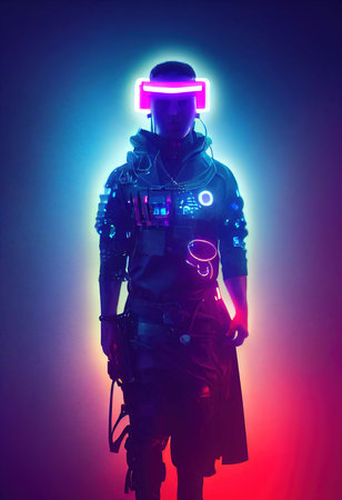 Realistic portrait of a sci-fi neon cyberpunk men in a cyber suit. High-tech futuristic man from the future. The concept of virtual reality and cyberpunk. 3D render.の素材