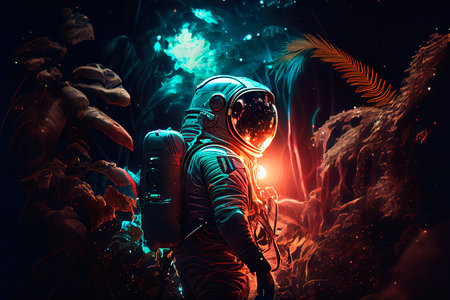 An astronaut on an alien planet. A high-tech astronaut from the future. Generative AI Art.の素材