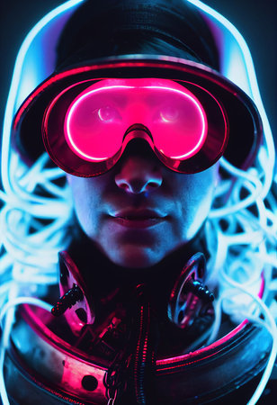 Portrait of a man wearing a cyberpunk headset, neon virtual glasses, and cyberpunk gear. A high-tech futuristic man from the future. The concept of virtual reality and cyberpunk. 3D rendering.の素材