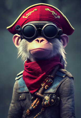 Portrait of a brutal monkey pirate. Medieval pirate monkey in a vintage costume against a forest background. 3D rendering.の素材