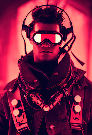Portrait of a man wearing a cyberpunk headset and cyberpunk gear. A high-tech futuristic man from the future. The concept of virtual reality and cyberpunk. 3D rendering.の素材