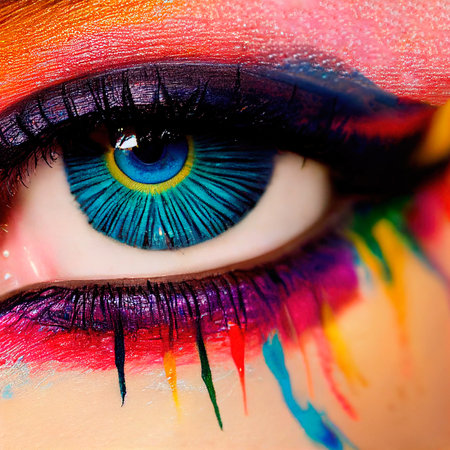Fantasy eye with beautiful makeup close-up. The eye of a fashionable woman with bright colors. 3D rendering.の素材