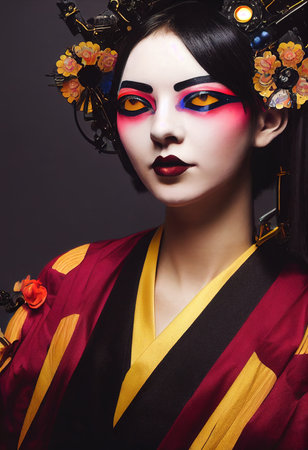 A fictional person, not based on a real person. Portrait of a Victorian steampunk robot with beautiful makeup. Artistic abstract steampunk fantasy. The concept of a vintage robot. 3d renderingの素材