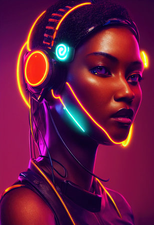 A fictional portrait of a ebony girl wearing a cyberpunk headset and cyberpunk gear. High-tech futuristic man from the future. The concept of virtual reality and cyberpunk. 3D renderの素材