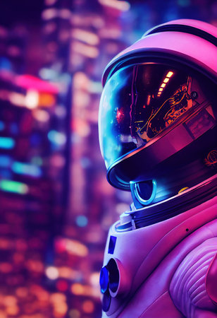 Portrait of an fictional astronaut in neon light in a spacesuit. High-tech astronaut from the future. The concept of space travel. 3D renderingの素材