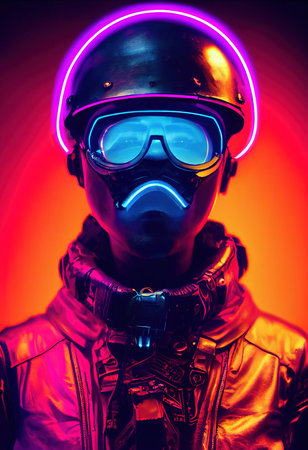 A stalker survivor in protective clothing and an neon gas mask. Survivor of nuclear war. 3d renderingの素材