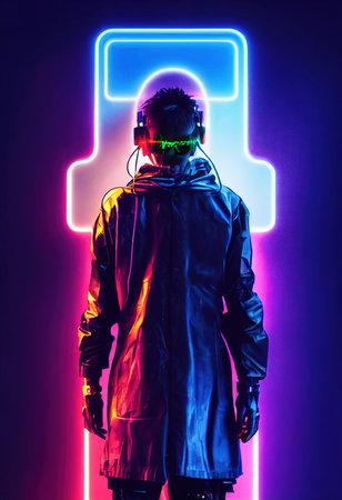 A realistic portrait of a man in neon light wearing a cyberpunk headset and cyberpunk gear. A high-tech futuristic man from the future. The concept of virtual reality and cyberpunk. 3D renderingの素材