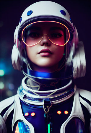 Portrait of an astronaut in neon light in a spacesuit. High-tech astronaut from the future. The concept of space travel. 3D renderingの素材