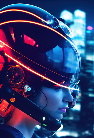 Portrait of a fictional futuristic female pilot in an aviation helmet and pilots suit. Concept of futuristic pilots of the future. 3d renderingの素材