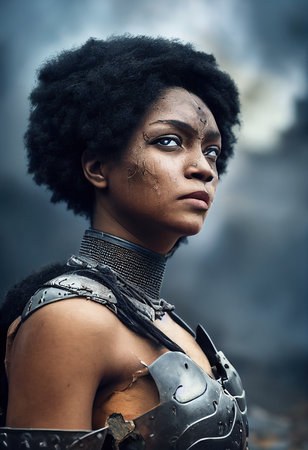 Portrait of an ancient female warrior in ancient warrior armor. The concept of an ancient brave warrior. Generative AI Art.の素材