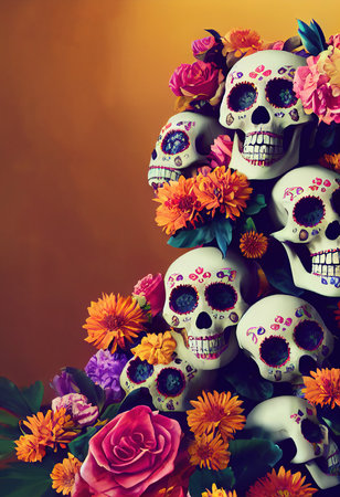 Horrible multicolored skulls with beautiful makeup. 3D rendering.の素材