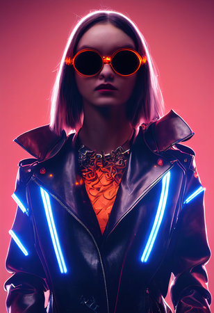 A fictional person, not based on a real person. Portrait of a sci-fi cyberpunk girl. High-tech futuristic woman from the future. The concept of virtual reality and cyberpunk. 3D render.の素材