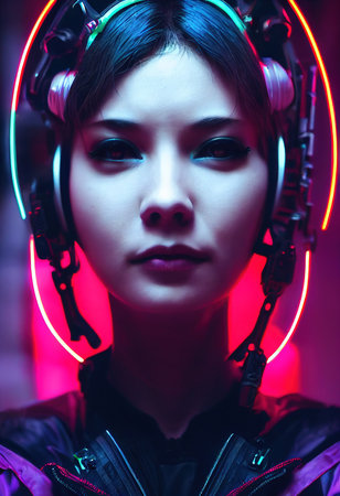 Fictional portrait of a sci-fi cyberpunk girl. High-tech futuristic woman from the future. The concept of virtual reality and cyberpunk. 3D render.の素材