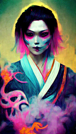 Portrait of a seductive geisha in an unusual neon style amidst clouds of smoke. Colorful and vivid image of a Japanese geisha. The concept of Japanese culture. Perfect for phone wallpaper and posters.の素材
