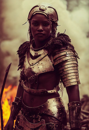 A fictional person, not based on a real person. Portrait of an ancient female warrior in ancient warrior armor. The concept of an ancient brave warrior. 3D render.の素材
