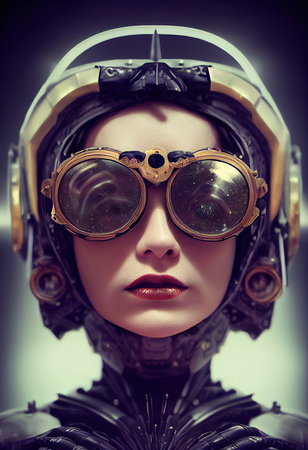 A fictional person, not based on a real person. Abstract portrait of a fantasy astronaut. High-tech futuristic man. Concept of virtual reality and steampunk. 3D rendering.の素材